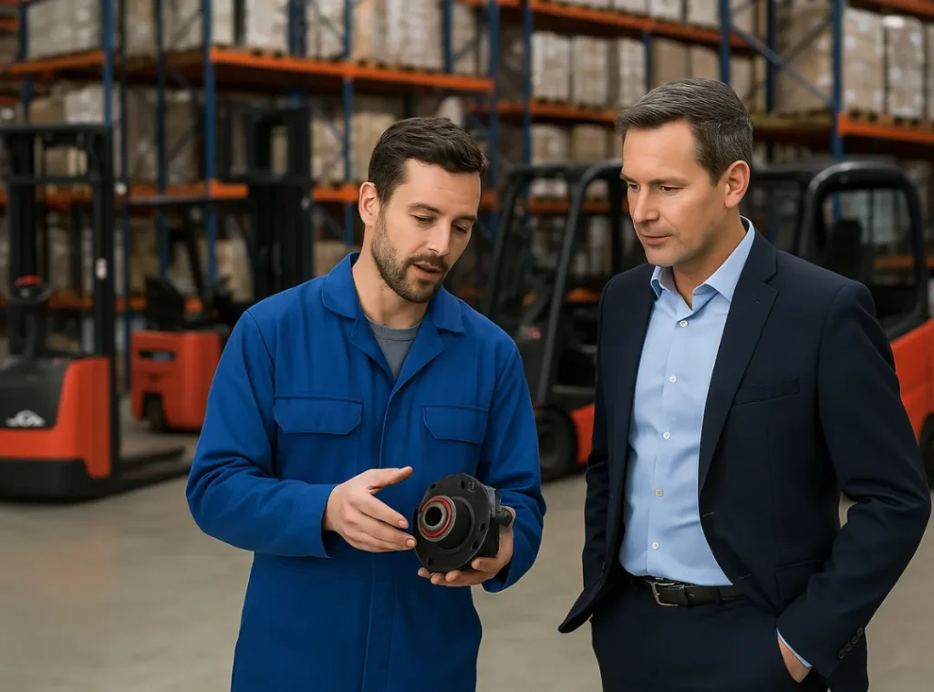 Technieker die uitleg geeft aan klant