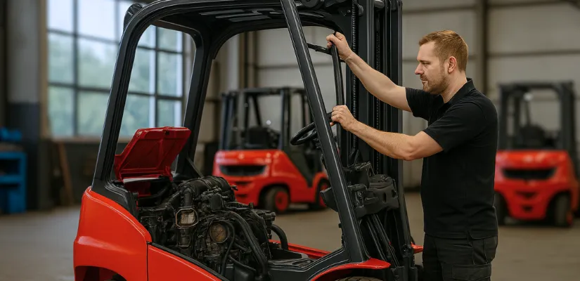 Technieker die aan een Linde heftruck werkt