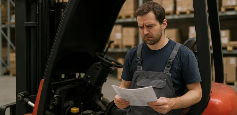 Technieker die verbaasde kijkt naar de handleding van een chinese heftruck